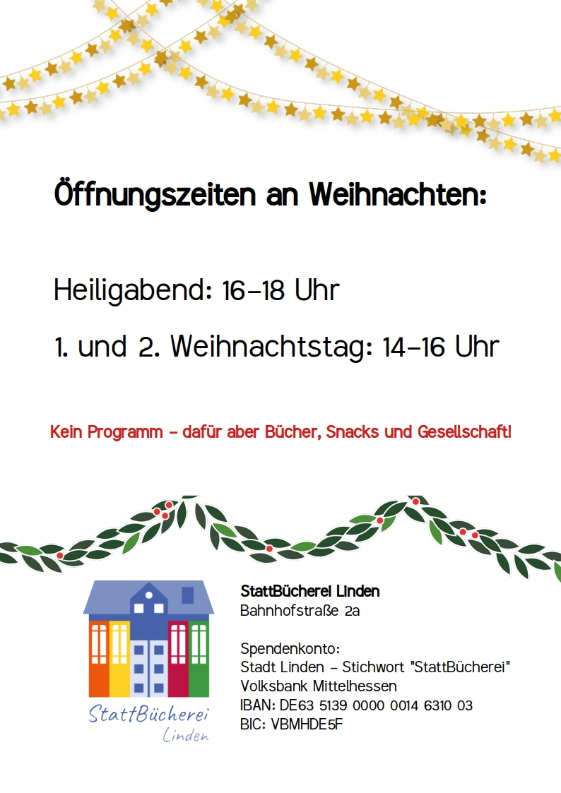 Plakat mit den Öffnungszeiten: Heiligabend 16-18, Feiertage 14-16 Uhr