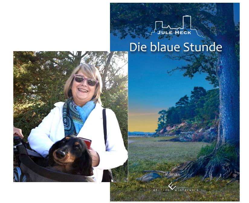 Autorin Jule Heck und das Cover des Buchs Die Blaue Stunde